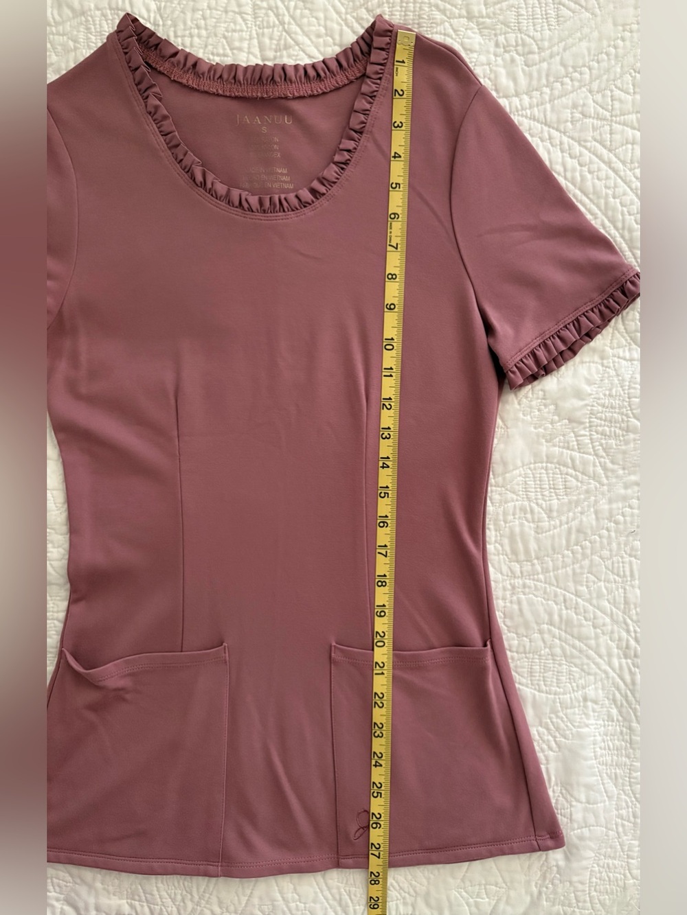 Jaanuu Scrub Set- Mauve Top With Ruffle Trim And Knit Cargo Pants-Small - Picture 3 of 16